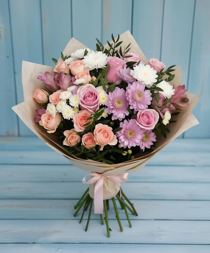 Букет цветов из: Хризантемы, Розы и Альстромерии в Кемь
