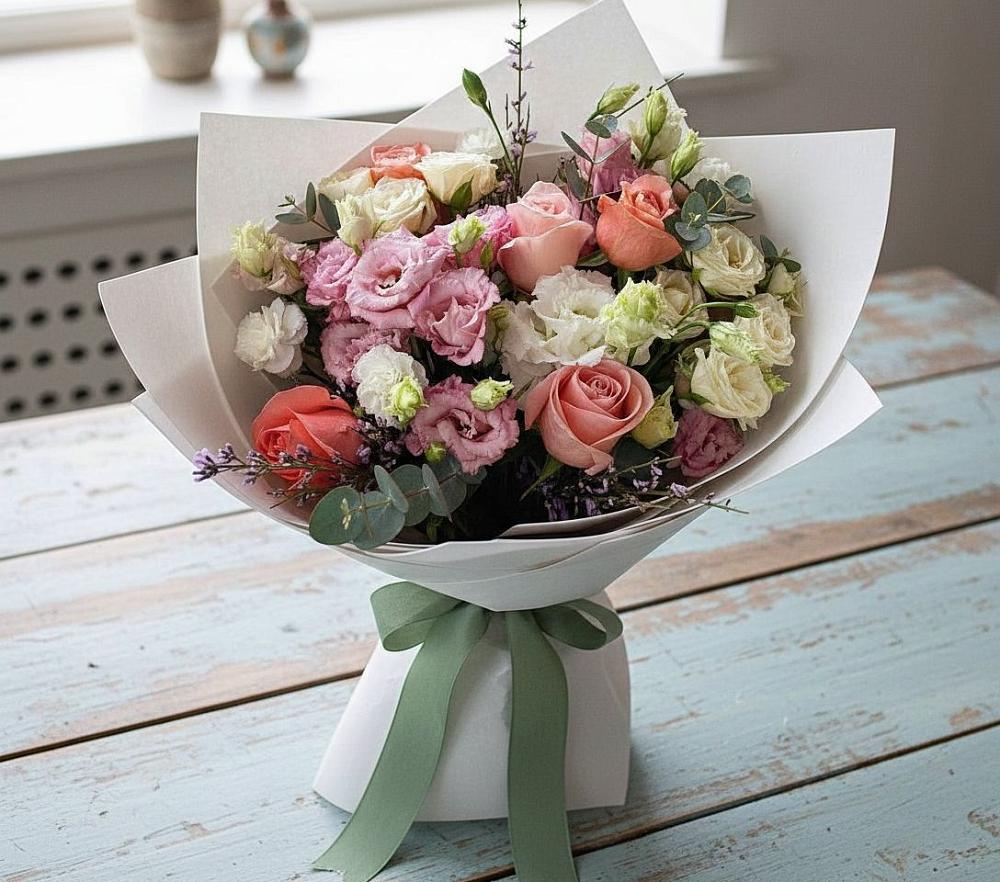 Букет цветов из: Розы, Лизиантусы и Гвоздики в Кемь