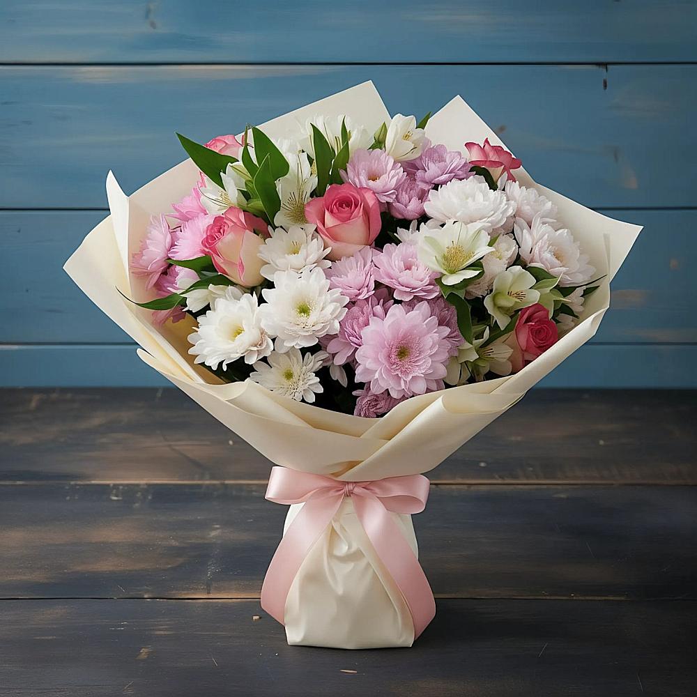 Букет цветов из: Хризантемы, Альстромерии и Розы в Кемь